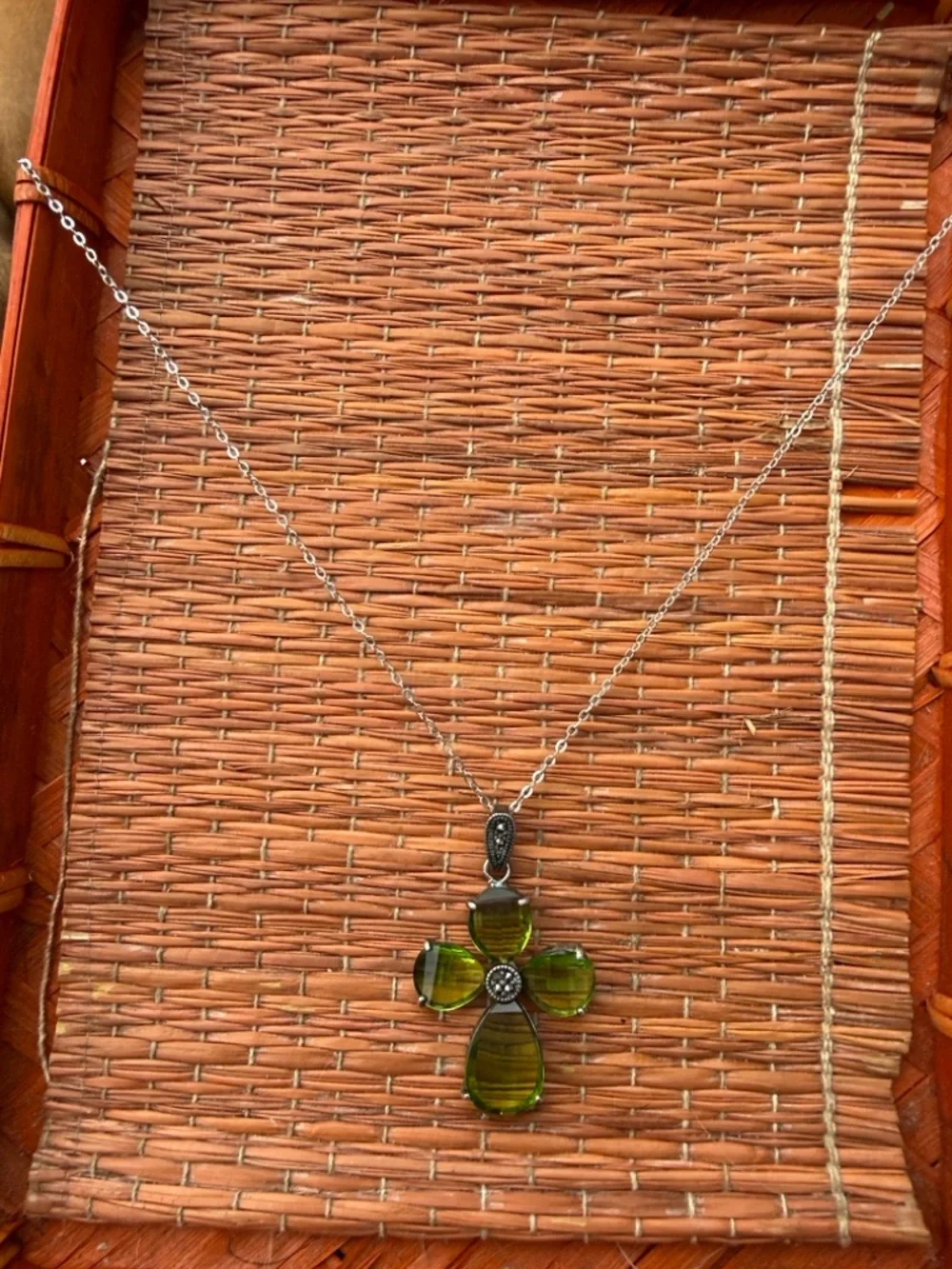 Vintage Sterling Silver Peridot & Marcasite Cross Pendant - 1.67 inch